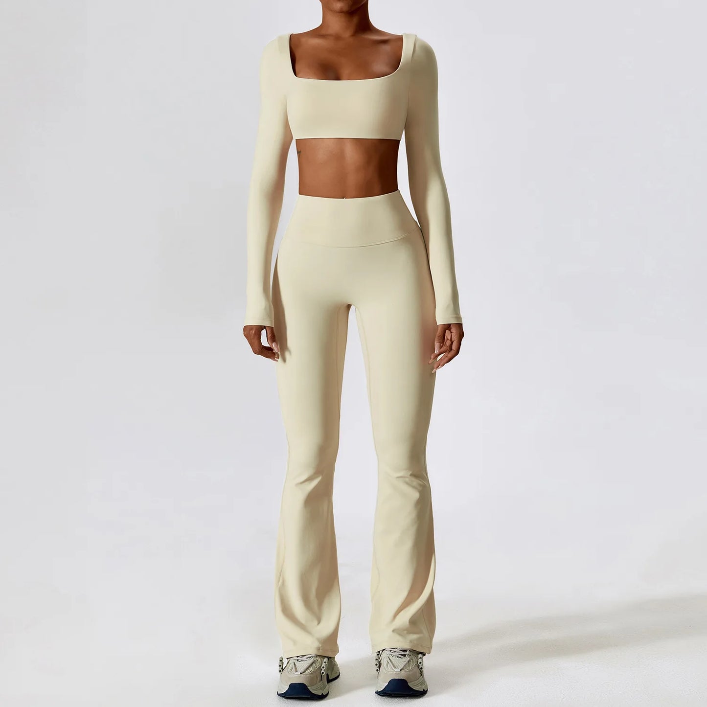 Women Tracksuit Gym Yoga Suit 2PCS Tight Fitting Sports Set Workout Breathable T Shirts Bra Tank Top Loose Bell-bottoms Leggings