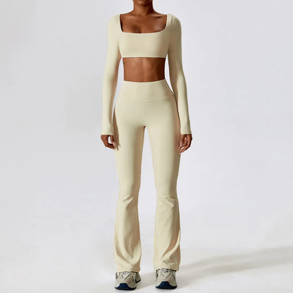 Women Tracksuit Gym Yoga Suit 2PCS Tight Fitting Sports Set Workout Breathable T Shirts Bra Tank Top Loose Bell-bottoms Leggings