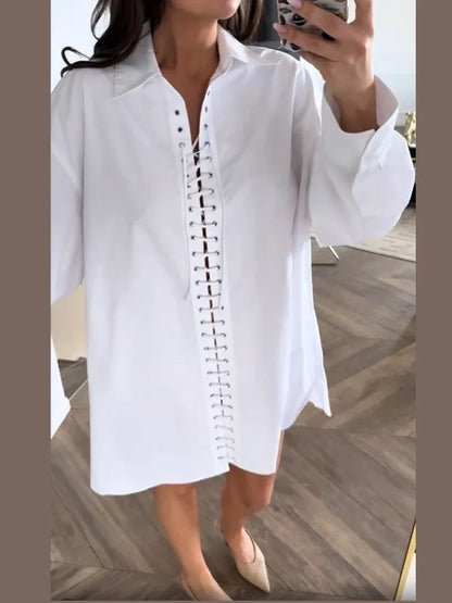 Sexy Bandage Women's Shirt Long Sleeve Lapel Loose White Female T-shirt 2025 Spring Summer Street Fashion Hollow Out Lady Tops