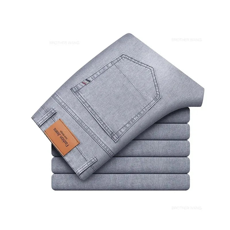 Sommer Elastic Herren Jeans Fashion grau komfortable Geschäft Straight Stretch Cotton Casual Denim Hosen Marke Männliche dünne Hose