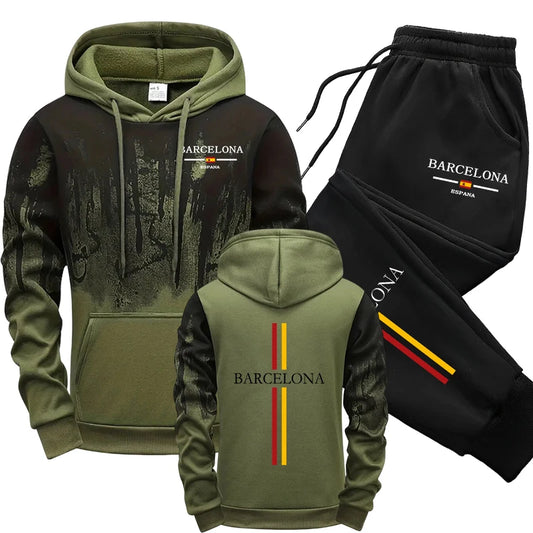 2025 Hot Sale Men's Tracksuit Hooded Sweatshirt Sweatpants Barcelona Print Hoodie 2 Piece Set Autumn Home Outdoor Comfort Outfit