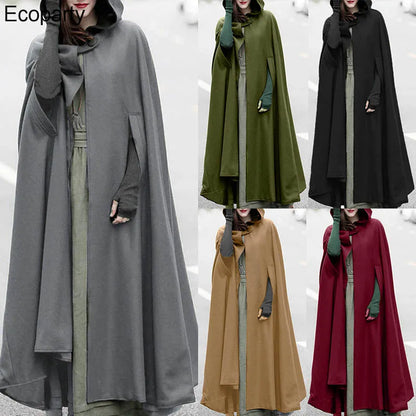 Women Long Cape Cloak Stylish Hooded Wool Blend Cloak Coat Ladies Autumn Hoodies Poncho Warm Cosplay Jackets Outwear Windbreaker