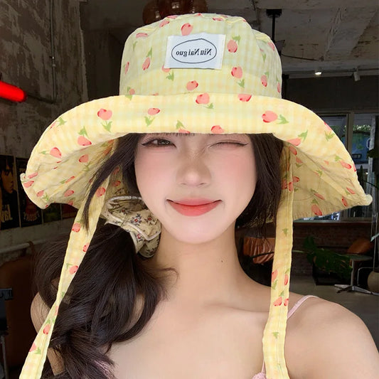 Korean Version of Fresh Flower Print Plaid Bucket Hats for Women Summer Travel Sunscreen Sweet Versatile Big Brim Sun Hat