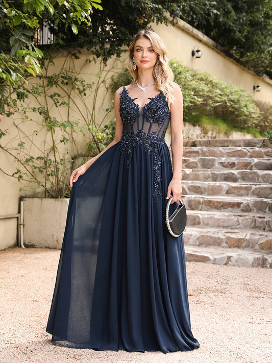 Spaghetti Straps Marine Blue A Line Evening Kleider 2025 Elegante Perlen Applikationen Illusion Prom Kleider formelle Party Vestido de Gala