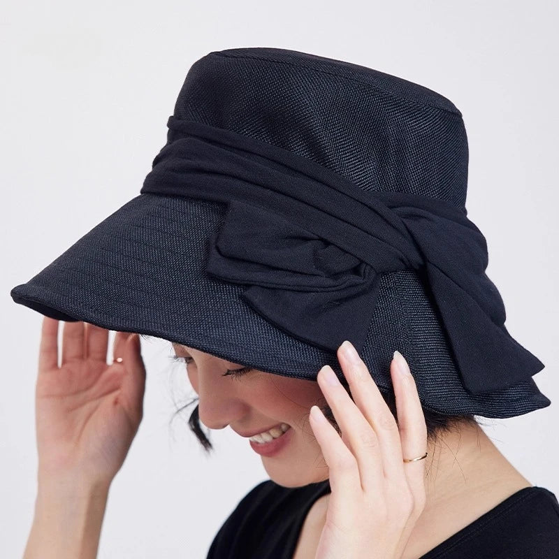 USPOP Elegant Wide Brim Cotton Linen Bucket Hat for Women Summer Sun Hat with Bow Foldable UV Protection Beach Hat