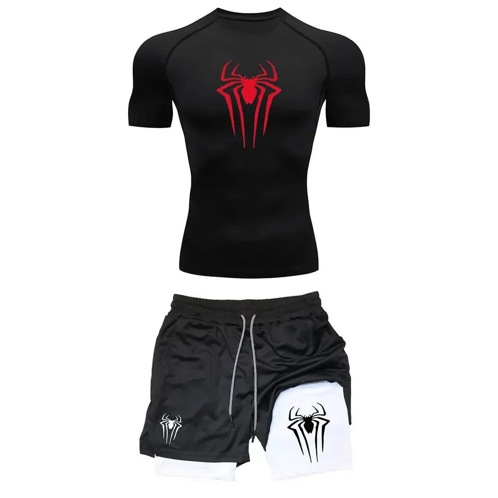 Herrträningskomprimering set y2k spindel tryckt gym tshirts andningsbara löpning shorts snabb torr sport utslag skydd sportkläder set