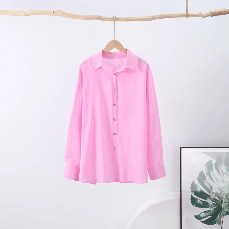 Fashion Loose Women's Shirts Long Sleeve Lapel Oversize Female Blouses 2025 Spring Summer Elegant Pink Cotton Linen Lady Shirts
