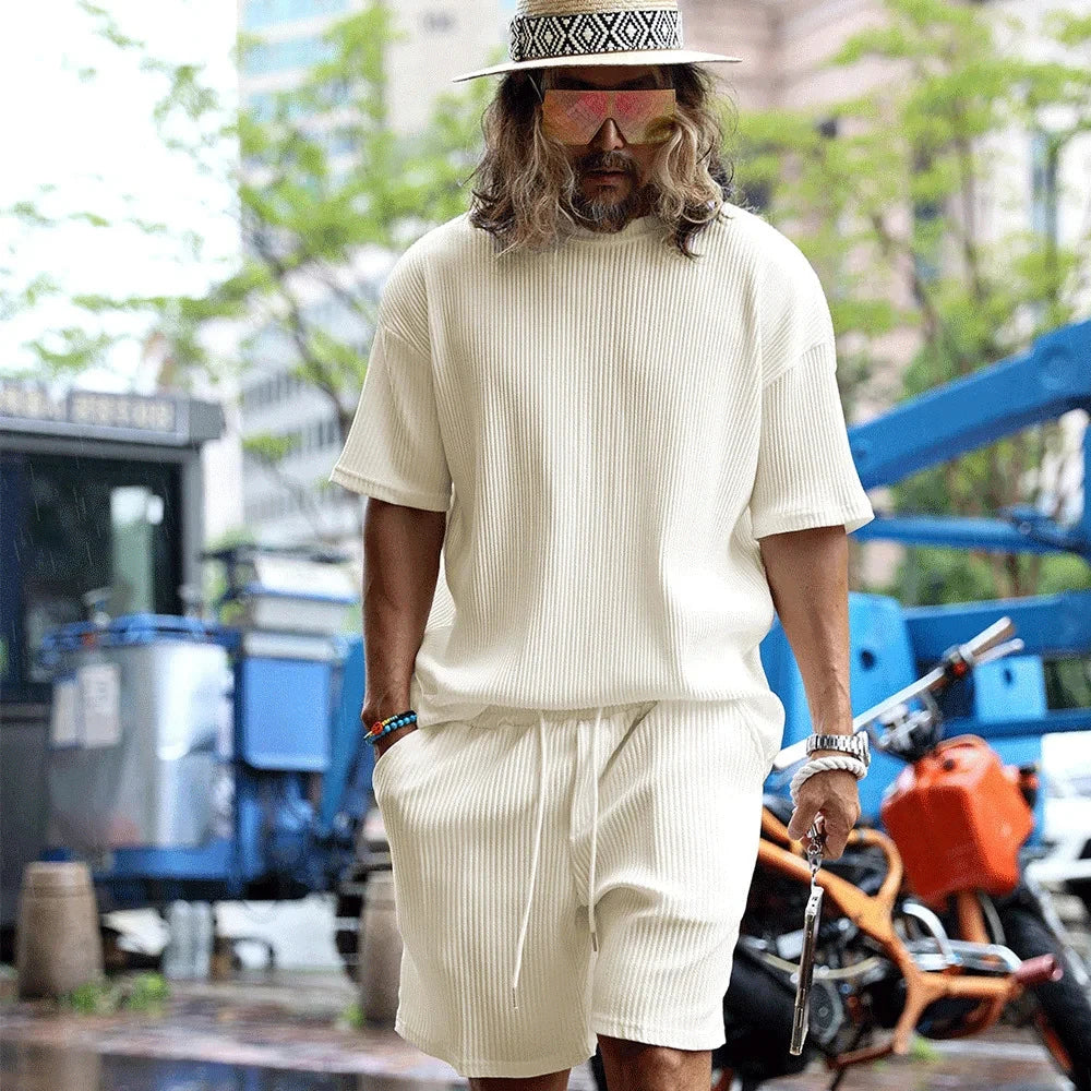 2025 Men's Summer Sports Casual Solid Color Striped Suit Loose Crew Neck Short-sleeved Drawstring Shorts Two-piece Set
