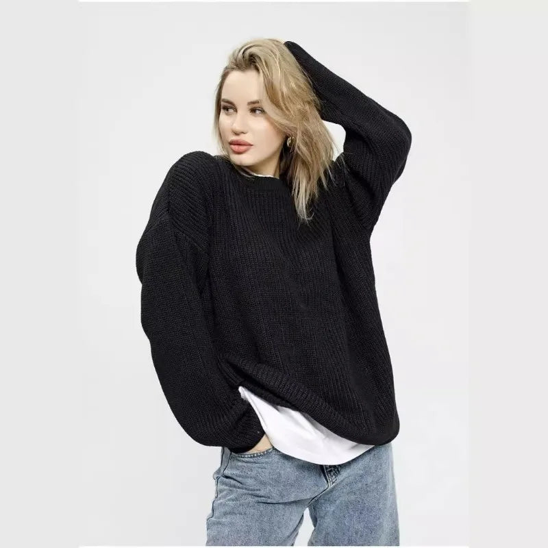 Grundlæggende sweatere til kvinder, der er overdimensioneret O -halsstrikede pullovers efterår vinter løs toppe kvinders jumper lyseblå trøjer store