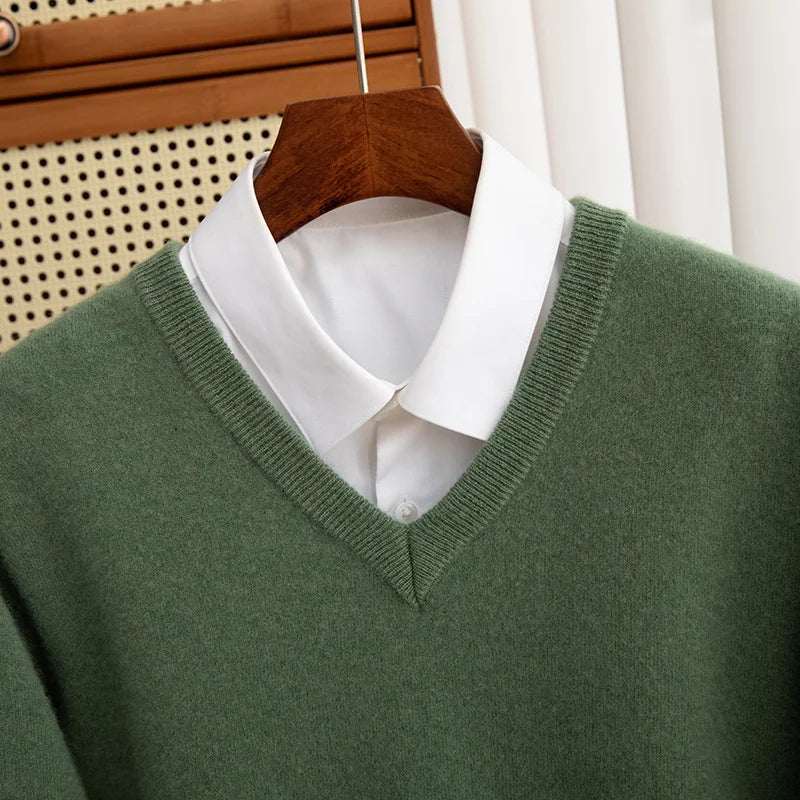 Men 100% Merino Wool Sweater V-Neck Pullover Autumn Winter Cashmere Warm Solid Knitwear Clothes Business Bottoming Soft Tops