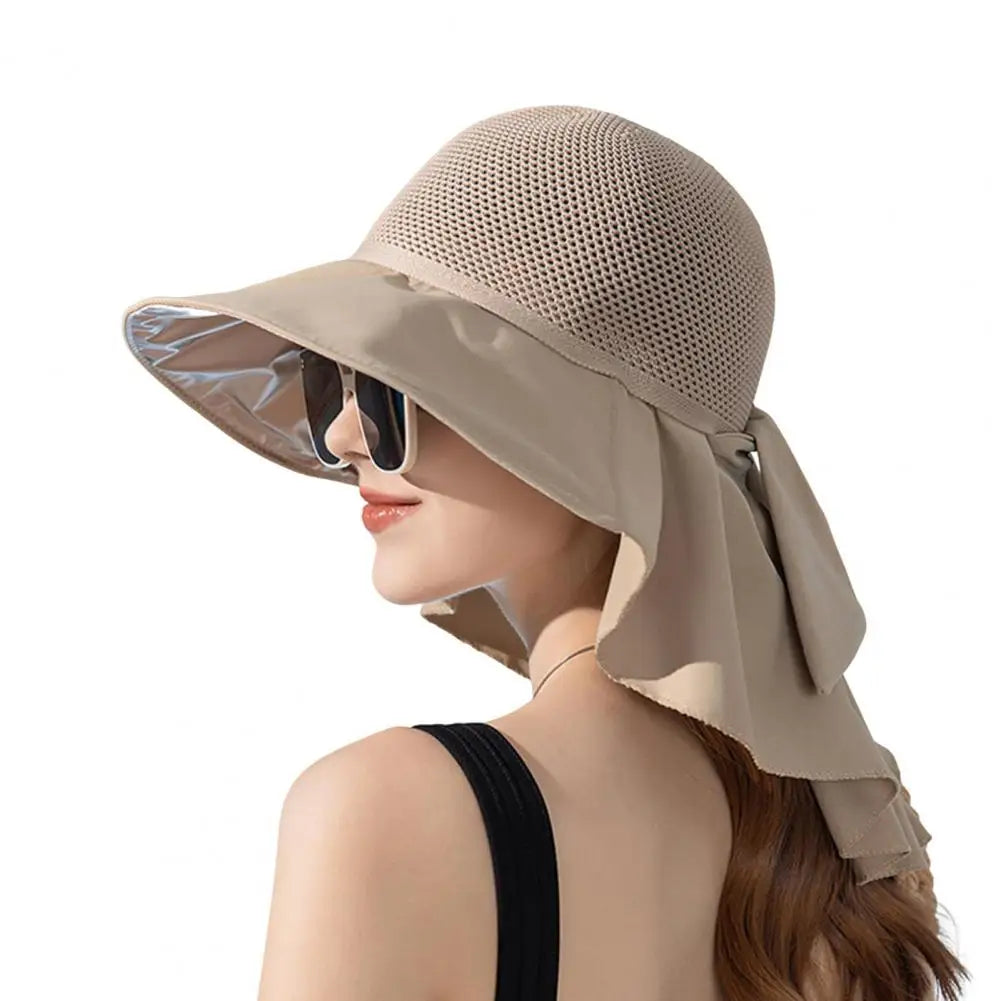 Summer Women Bucket Hat with Shawl Breathable Mesh Face Neck Protection Sun Hat Bow Pleat Wide Brim Hat Travel Beach Cap