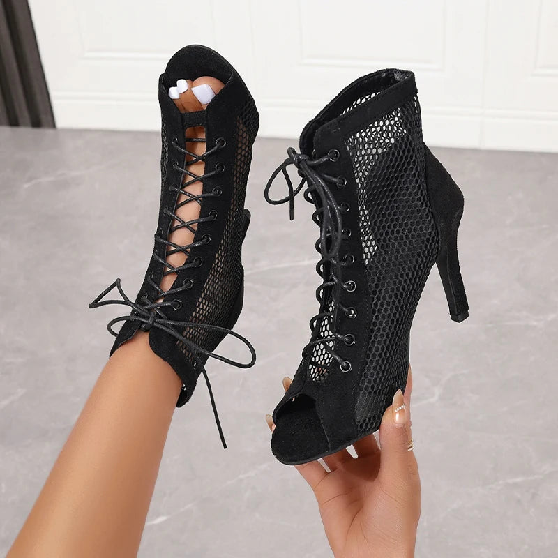 Summer New Pupms Women High Top Dance Shoes Ballroom Salsa Tango Sandals Girl Fashion Party Mesh Cutout High Heel Sandalias