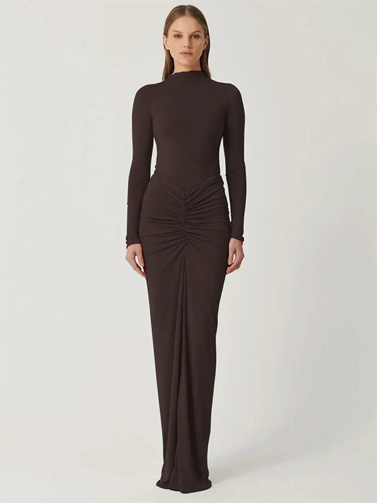 Podzimní ženy šaty nové streetwear solidní sexy módní záhyby o-krku dlouhé rukávy příležitostné štíhlé maxi šaty elegantní pletené šaty