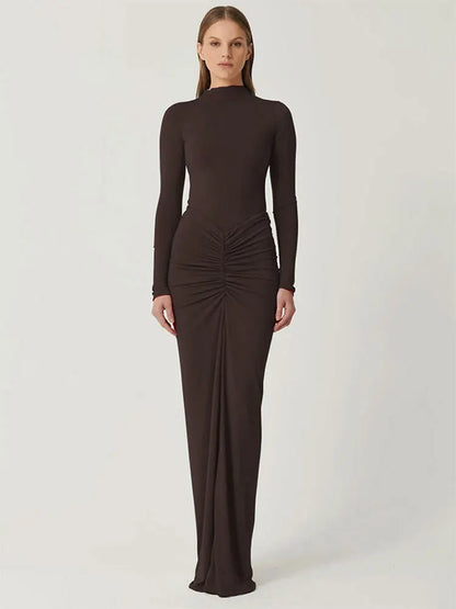 Podzimní ženy šaty nové streetwear solidní sexy módní záhyby o-krku dlouhé rukávy příležitostné štíhlé maxi šaty elegantní pletené šaty
