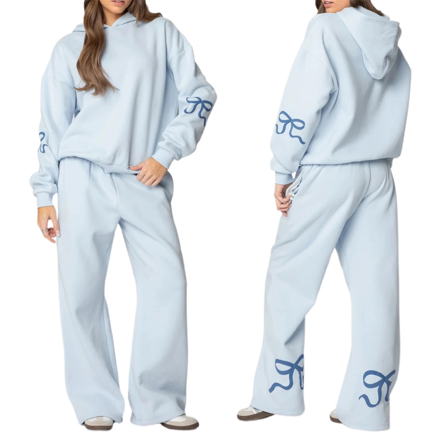 Combhasaki Womens 2Piece Y2K Loose Outfits Set Bow Print Long Sleeve Hooded Pullover Sweatshirts + Elastic Waist Pants Tracksuit