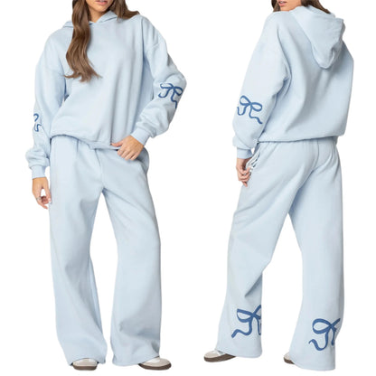 Combhasaki Womens 2Piece Y2K Loose Outfits Set Bow Print Long Sleeve Hooded Pullover Sweatshirts + Elastic Waist Pants Tracksuit