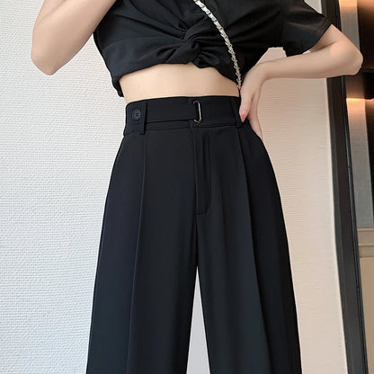 Seoulish Summer Women's Casual Pants Wide Leg Pants Elegant Office Lady 2024 New Solid Color High Waist Loose Bukser Kvinne