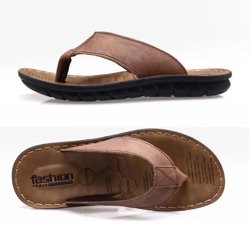 Summer Shoes Men Slippers Genuine Leather Mens Flip Flops Flat Mens Sandals Holiday Non-slip Black Khaki A673