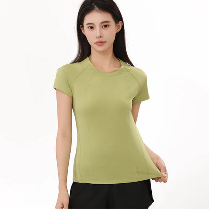American Minimalist Style Non-marking Yoga Sports Tops Women Round Neck Slim Sports Fitness Mesh Quick Dry Fitness Clothing