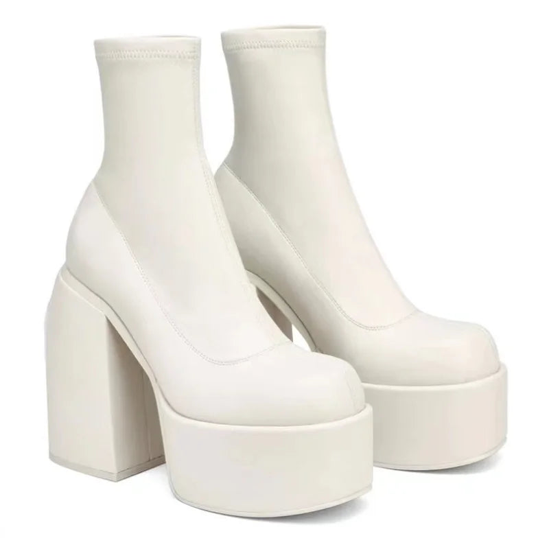 Mulheres novas botas curtas Botas curtas Mulheres sexy couro de bota quadrada de dedão casual calcanhar alto salto alto casual soled women sapatos zapatos