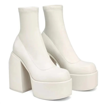 Mulheres novas botas curtas Botas curtas Mulheres sexy couro de bota quadrada de dedão casual calcanhar alto salto alto casual soled women sapatos zapatos