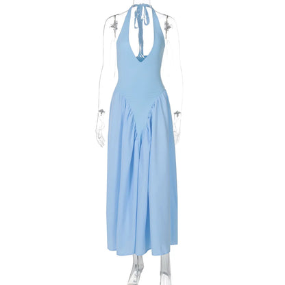 Talenza Backless Deep V Spliced Long Dress Summer Women's Sexy Party Kjole Halter Ny mode Slim hvid ærmeløs lang kjole