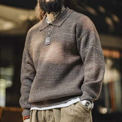 Maden Polo retro Polos de punto suelto Coffee Color Lapel Ségano Otoño Invierno Invierno Tío Fu Jumper