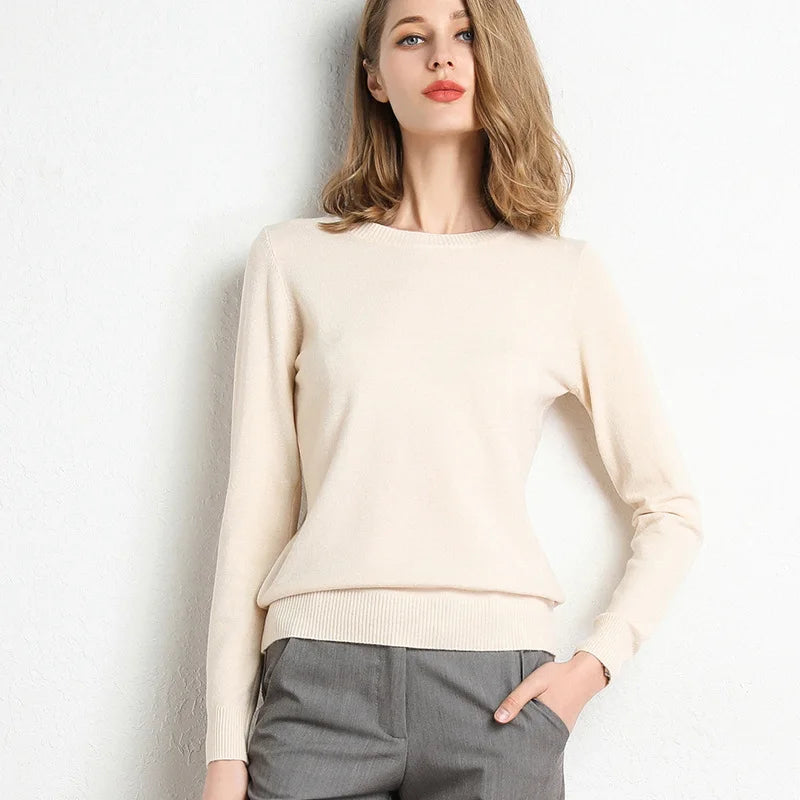 Women Slim O-Neck Solid Pullover Cashmere Wool Blending Sweater Autumn And Winter Long-Sleeved Knit Bottoming Shirt Large Size