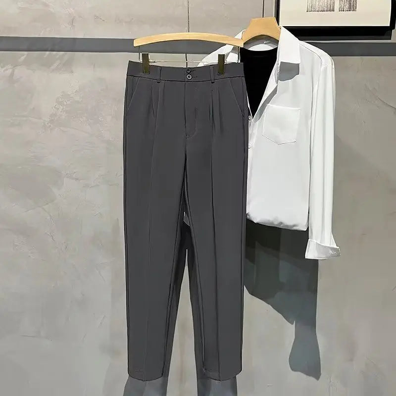 Straight Slim Fit Man 9 Cropped Suits Pants Vintage Elegant Suit Trousers for Men Summer 2025 Work Wear Fashion Luxury Clothing