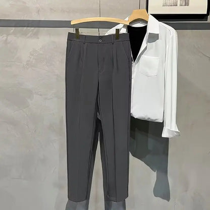 Straight Slim Fit Man 9 Cropped Suits Pants Vintage Elegant Suit Trousers for Men Summer 2025 Work Wear Fashion Luxury Clothing