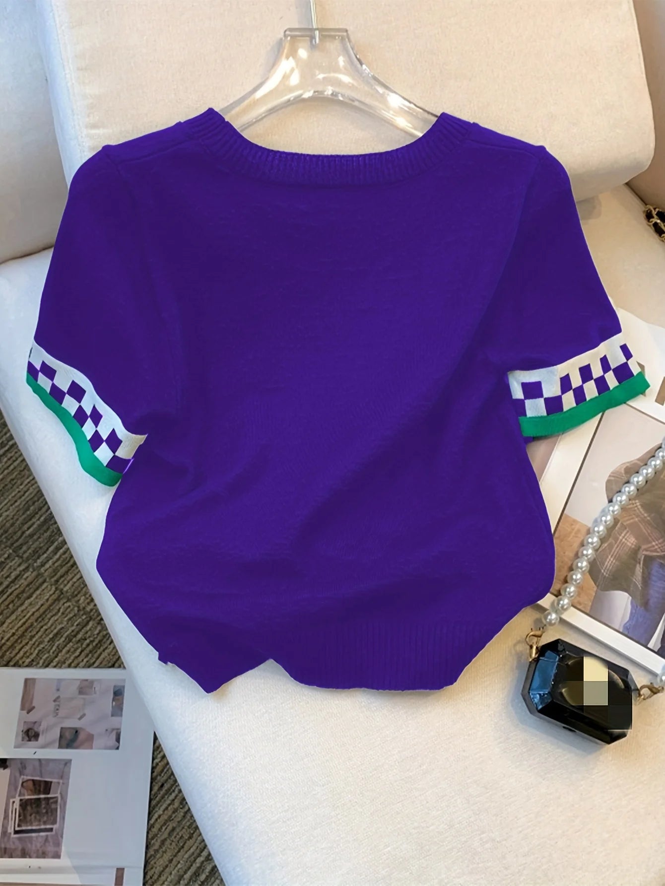 Nyt sommerhjerte mønster ribbed pullover sweater afslappet kontrast trim besætning hals kortærmet sweater kvinder tøjafgrøde top