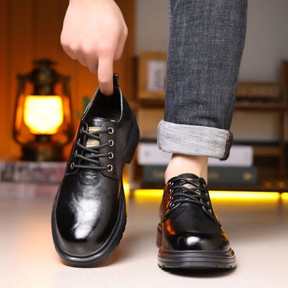 Retro Cow Leather Men's Dress Shoes New Designer Solid Color Platform Shoes Men Fashion Casual Soft-soled Wedding Shoes Male