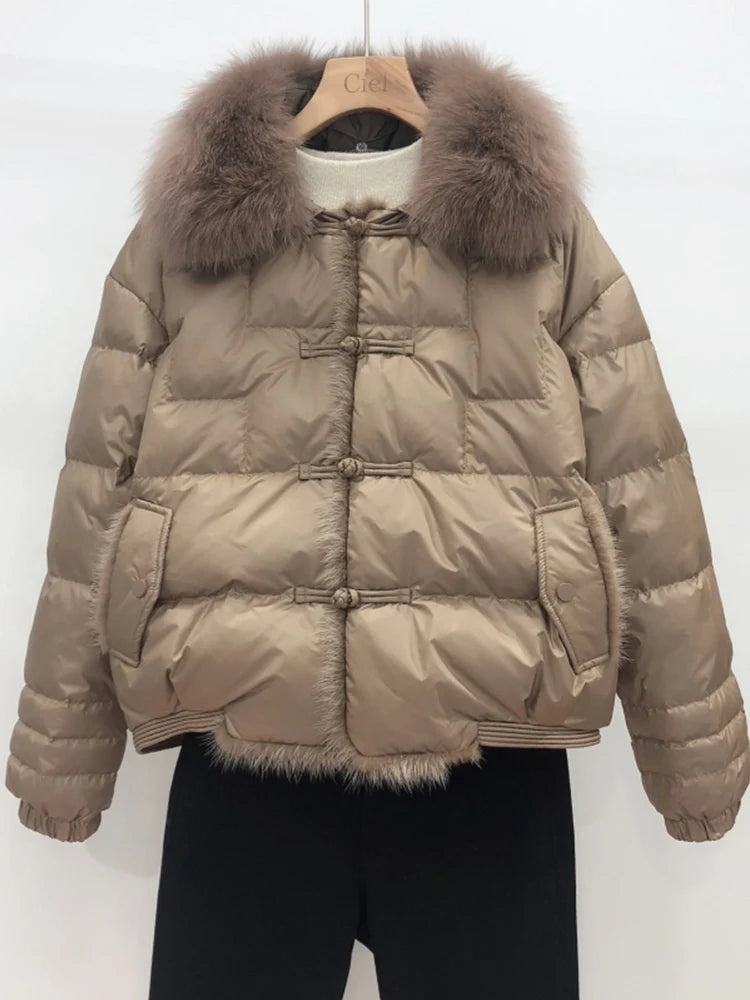Lagabogy 2025 Real Fox Fur Collar Winter Women 90% White Duck Down Jacket Lady Short Warm Puffer Coat Female Loose Vintage Parka