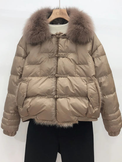 Lagabogy 2025 Real Fox Fur Collar Winter Women 90% White Duck Down Jacket Lady Short Warm Puffer Coat Female Loose Vintage Parka