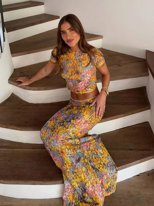 Women Printed Maxi Dresses Sets Elegant Summer Short Sleeves Tie-dye Females Long Robes Suits 2025 New Ladies Out Vocation Wear
