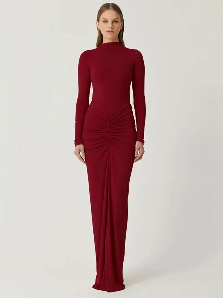 Podzimní ženy šaty nové streetwear solidní sexy módní záhyby o-krku dlouhé rukávy příležitostné štíhlé maxi šaty elegantní pletené šaty