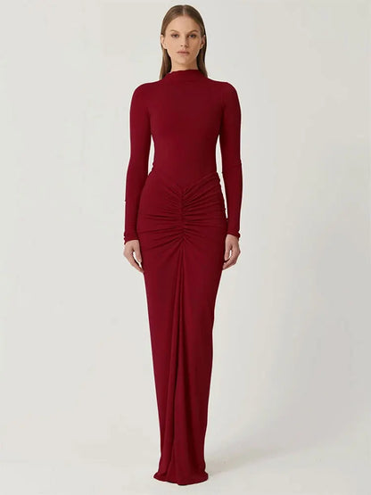 Podzimní ženy šaty nové streetwear solidní sexy módní záhyby o-krku dlouhé rukávy příležitostné štíhlé maxi šaty elegantní pletené šaty