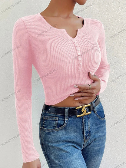 Nuove donne Falf abbottonate a costine Maglietta a maniche lunghe a manica lunghe V Magione a v Rilievo femme slim y2k cupolo pullover maglia