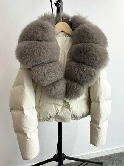 Janveny Big Natural Fox Fur Coat Women 2025 Autumn Winter Female Parkas 90% White Duck Down Jacket Feather Short Puffer Coat
