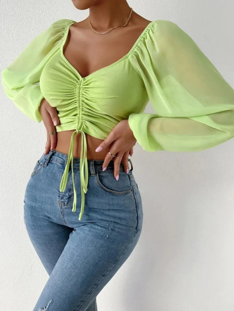 2024 Spring Summer New Sexy V-neck Chiffon Drawstring Lantern Sleeve Tight Fashion Sexy Short Style Waist Long Sleeve Shirt Top