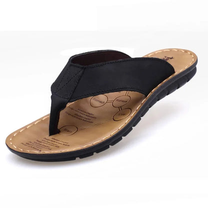 Summer Shoes Men Slippers Genuine Leather Mens Flip Flops Flat Mens Sandals Holiday Non-slip Black Khaki A673