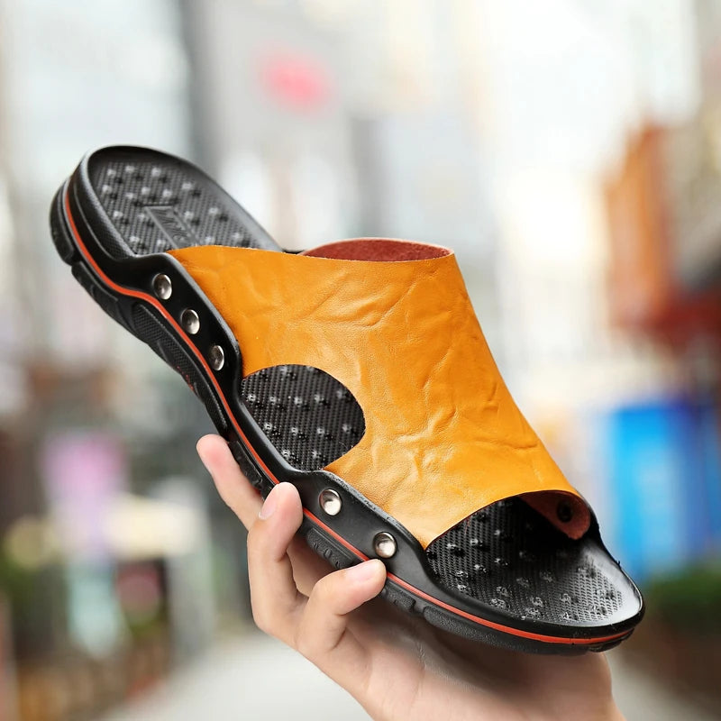 Zomer mannen slippers echt lederen ademende klompen sandalen strand klassiekers lederen glijbanen buiten slippers plus size heren schoen