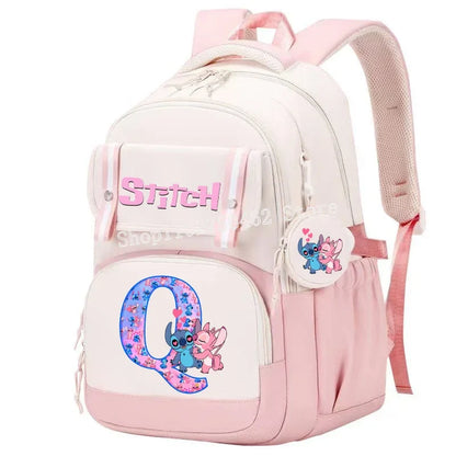 Stitch Angel Backpack Girls Disney Anime Letter A-Z Schoolbags Student School Shoulders Bag Outdoor Sport Travel Rucksack Gift