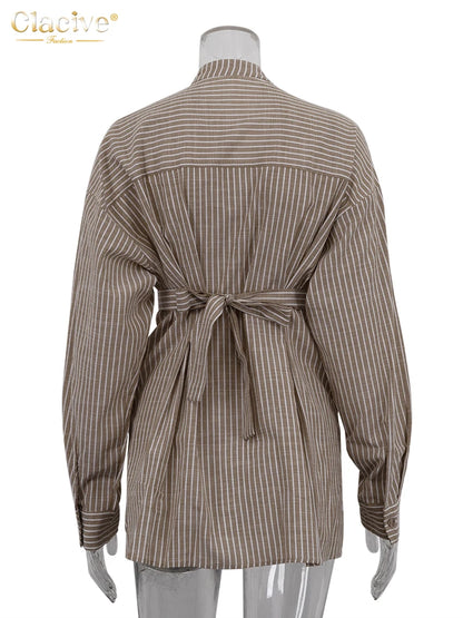 Clacive Vintage Loose Brown Stripe Women Shirts 2025 Fashion Stand Collar Long Sleeve Shirt Elegant Classic Top Female Clothing
