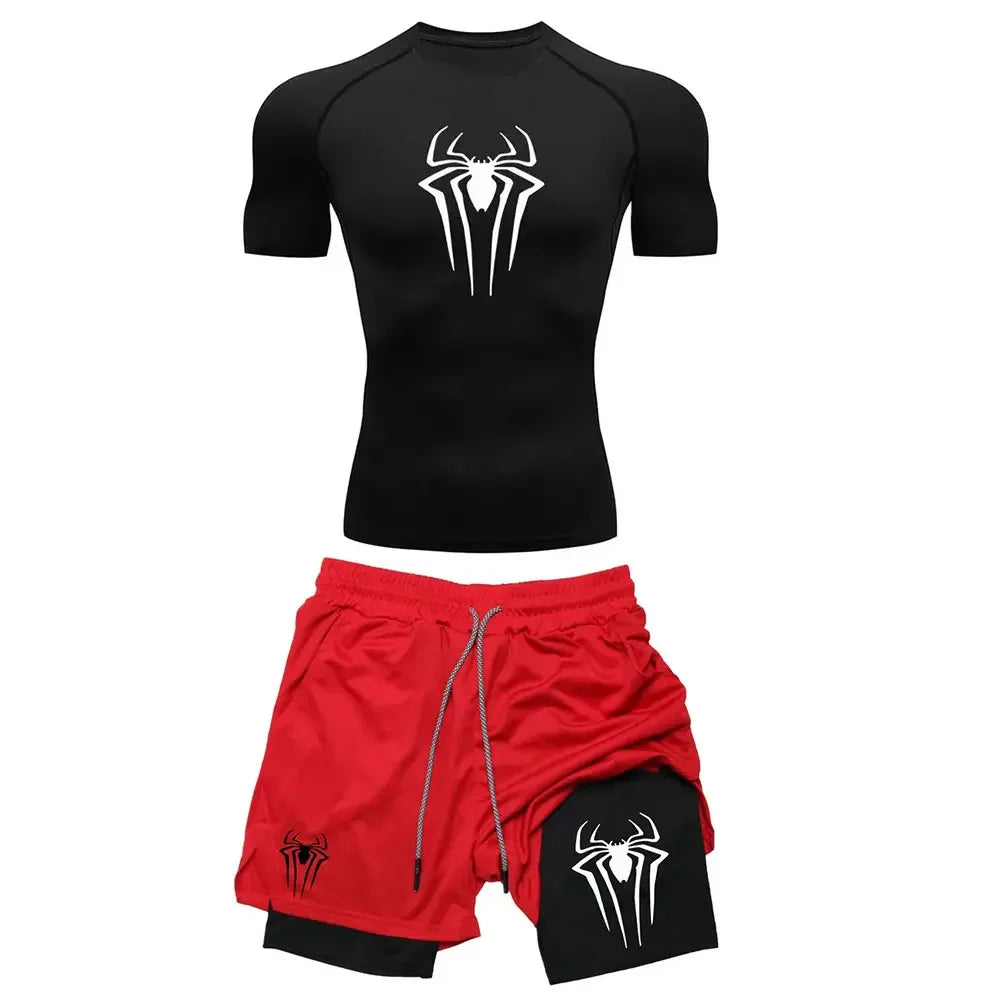Herrträningskomprimering set y2k spindel tryckt gym tshirts andningsbara löpning shorts snabb torr sport utslag skydd sportkläder set