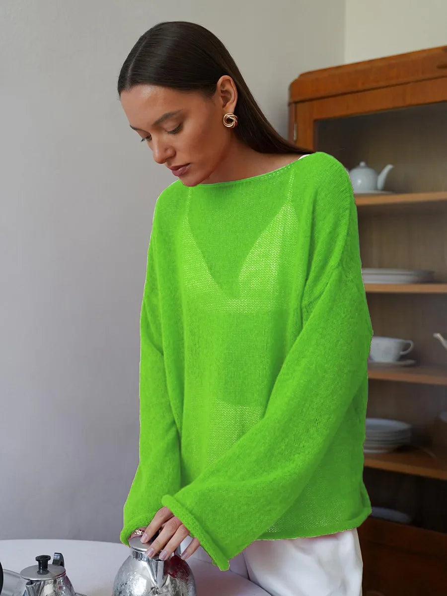 Talenza Hollow Knitted Sweater Pullover Women's Solid See-through O-Neck Long Sleeve Knitted T-Shirt Loose Casual Pullover 2025