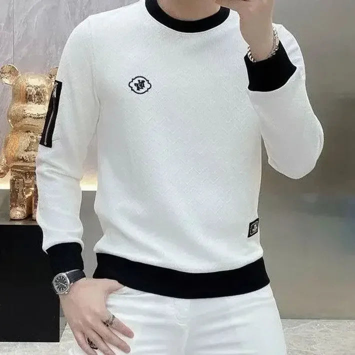 Spring Autumn Autumn Alta qualidade Luxo Camiseta redonda de pescoço masculino Trendslim Manga longa Jacquard Pullovers tops para homens