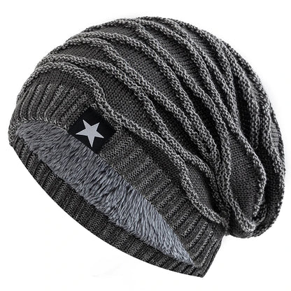 Ny unisex slouchy vinterhatter legger til pelsfôrede menn og kvinner varm beanie cap casual five-spiss stjerne dekor vinterstrikkede hatter