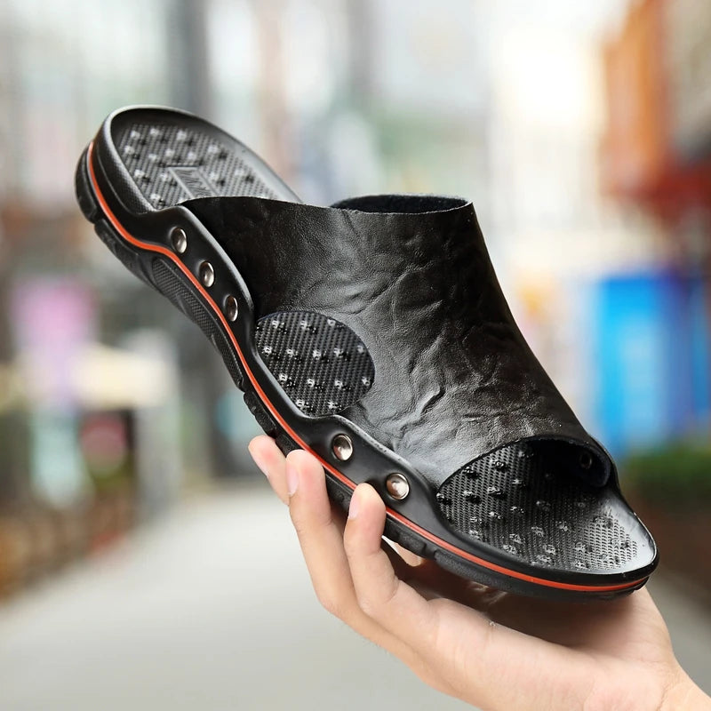 Zomer mannen slippers echt lederen ademende klompen sandalen strand klassiekers lederen glijbanen buiten slippers plus size heren schoen