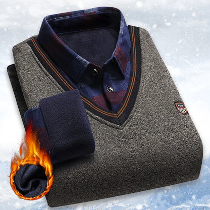 Men's Plush Sweater Autumn Winter Fake Two Piece Pullover Polo Shirt Collar Fleece Thick Warm Top Clothes Casual Jumpers